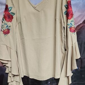 entro Beige V-Neck Tunic with Red Rose Sleeve Embroidery
